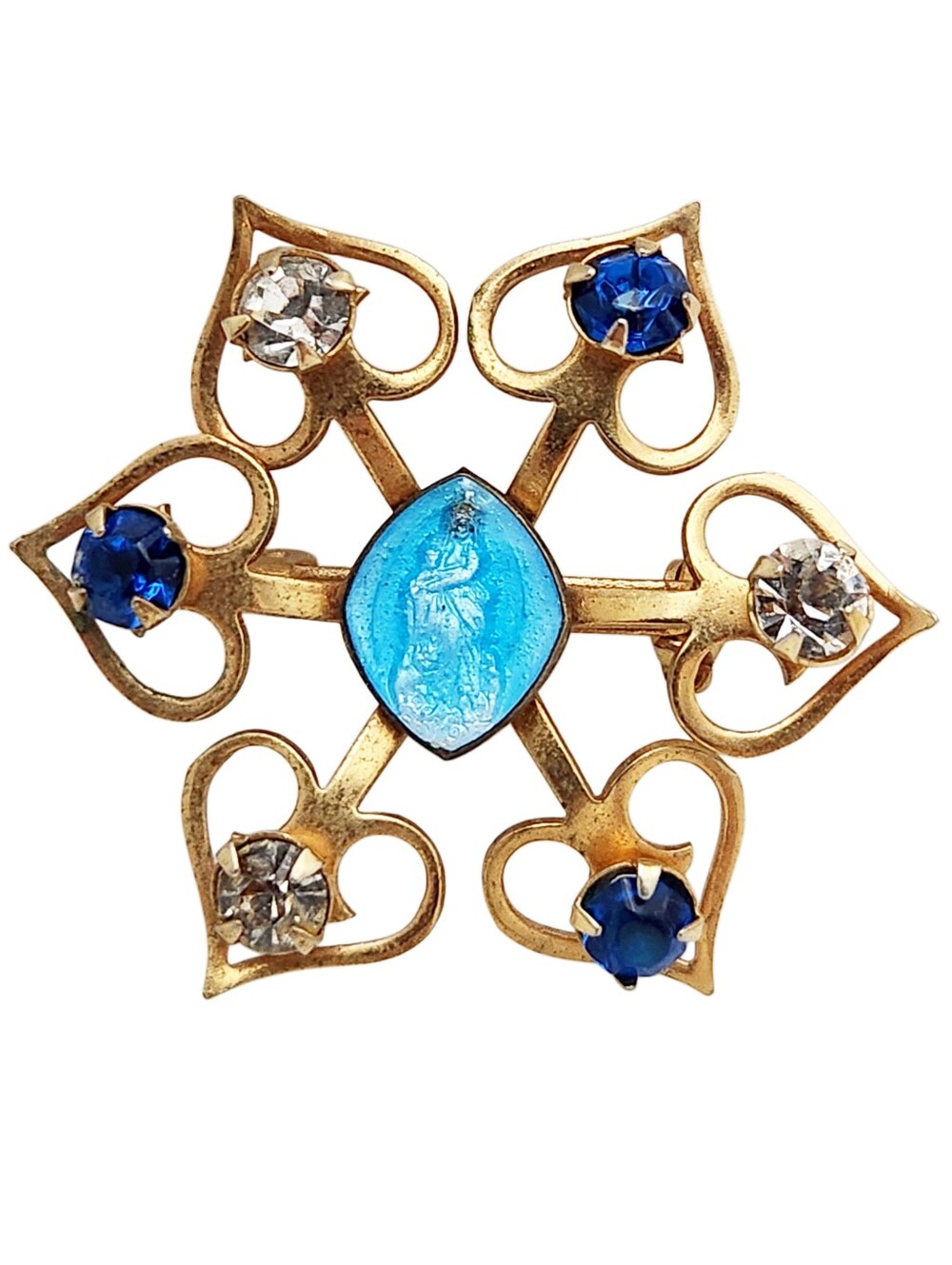 Vintage Miraculous Medal Intaglio Brooch Blue Rhinestone Heart Starburst Pin VTG